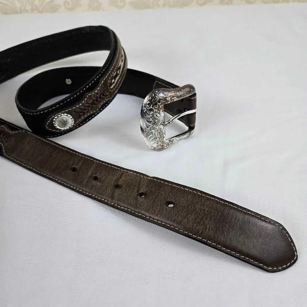 Nocona Belt Co Men's Size 40 Leather Western Belt Black Brown Woven Concho